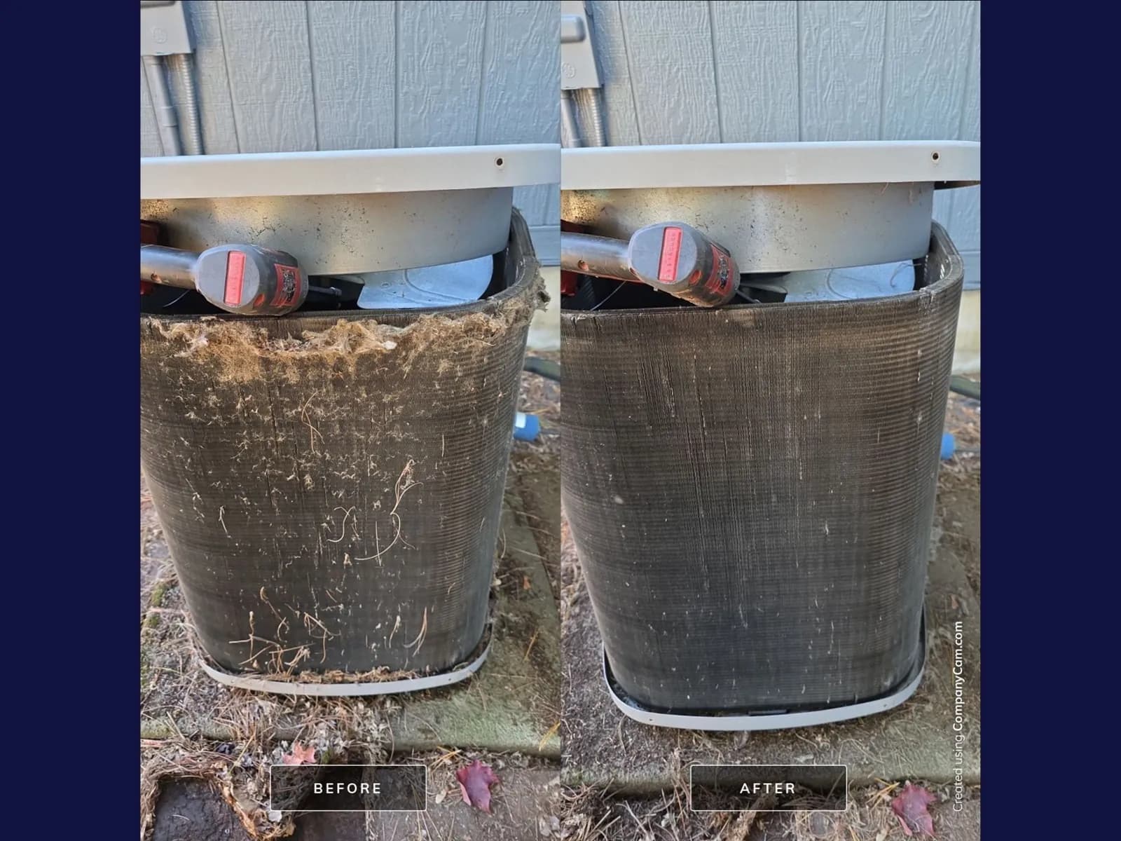 Before and after photos of a dirty outdoor AC coil cleaned