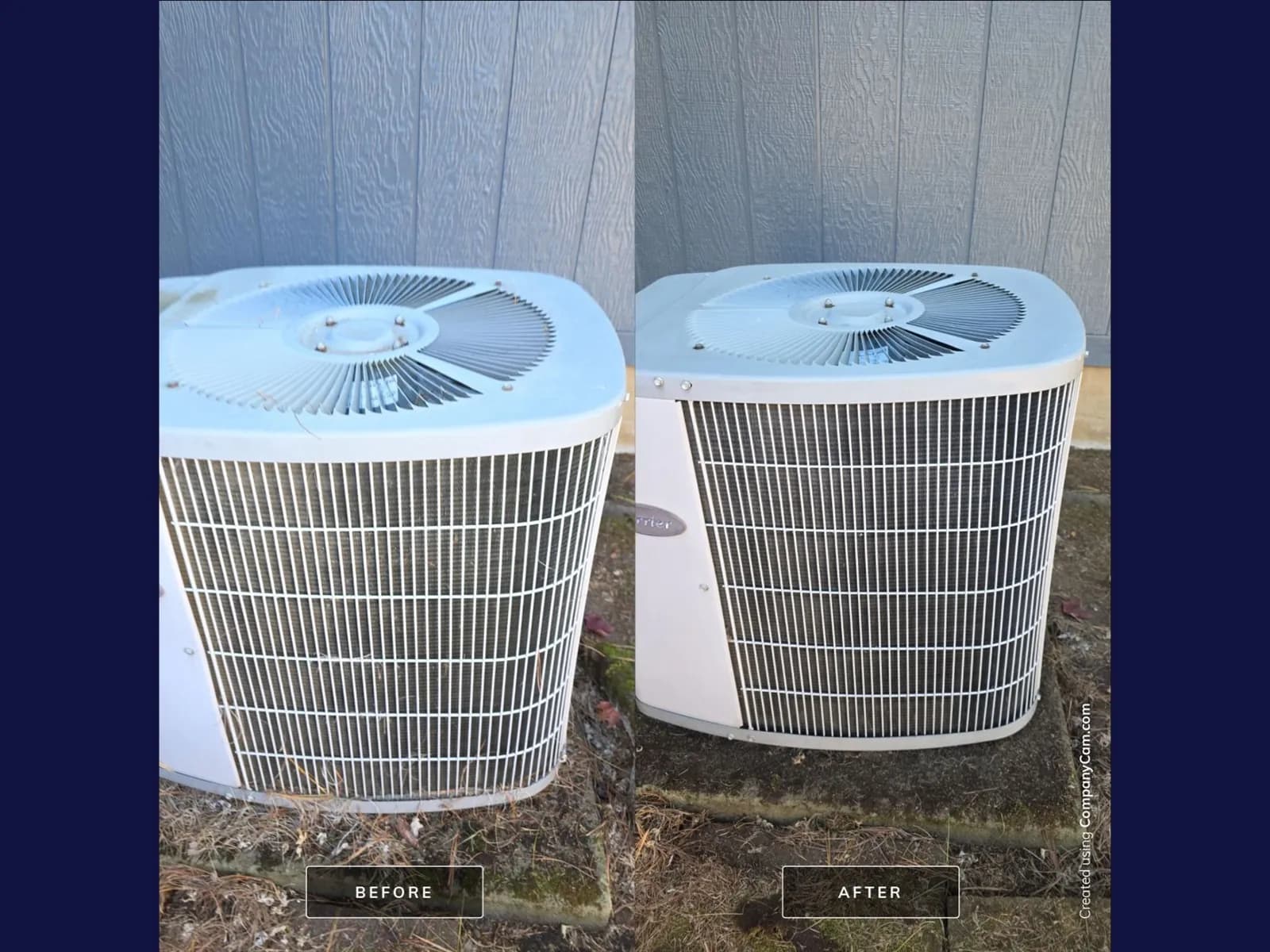 Before and after photos of an outdoor AC condenser cleaned during a tune-up