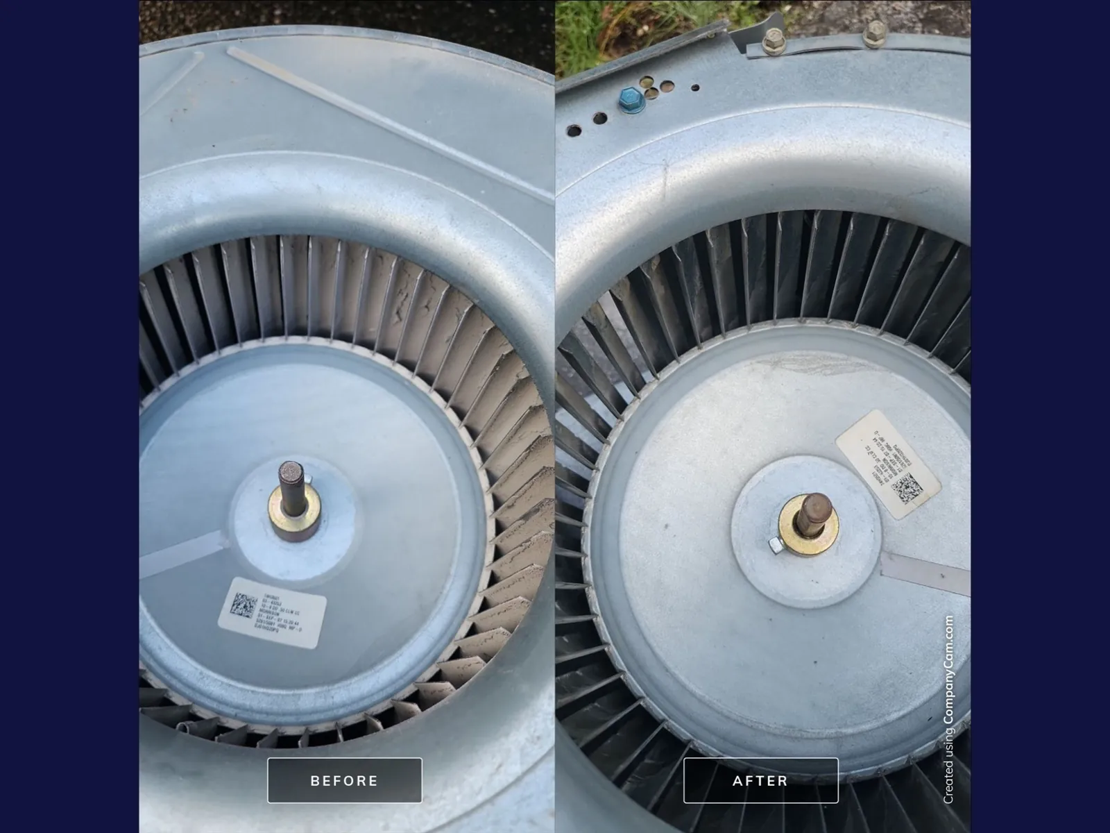 Before and after photos of a dirty furnace blower wheel cleaned