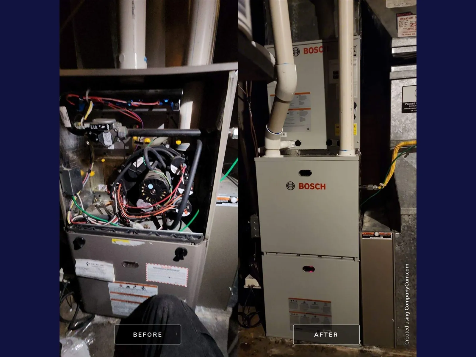 Before and after photos of an old failed furnace replaced with a new Bosch furnace