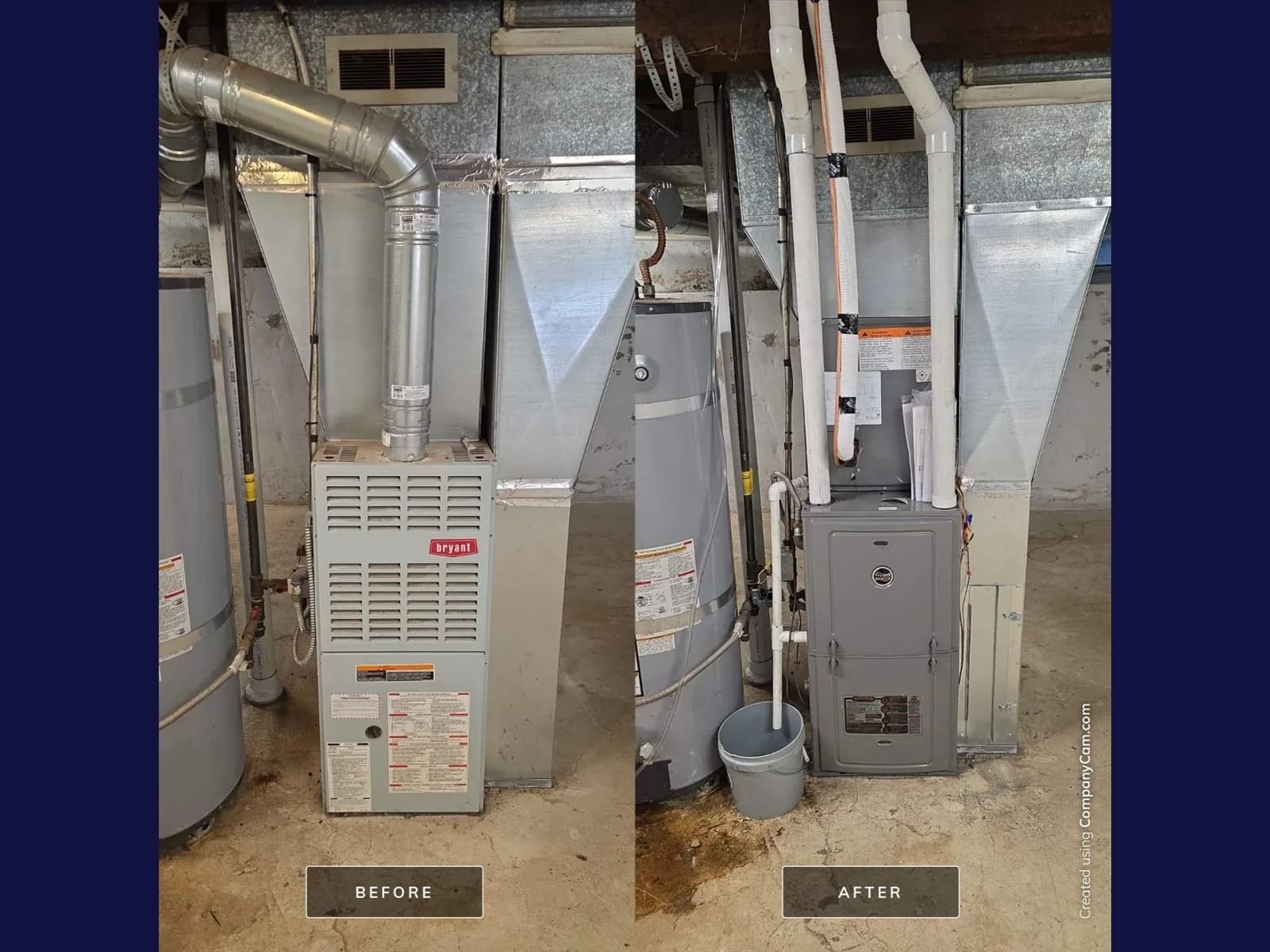 Before and after photos of an old Bryant furnace replaced with a new high-efficiency furnace