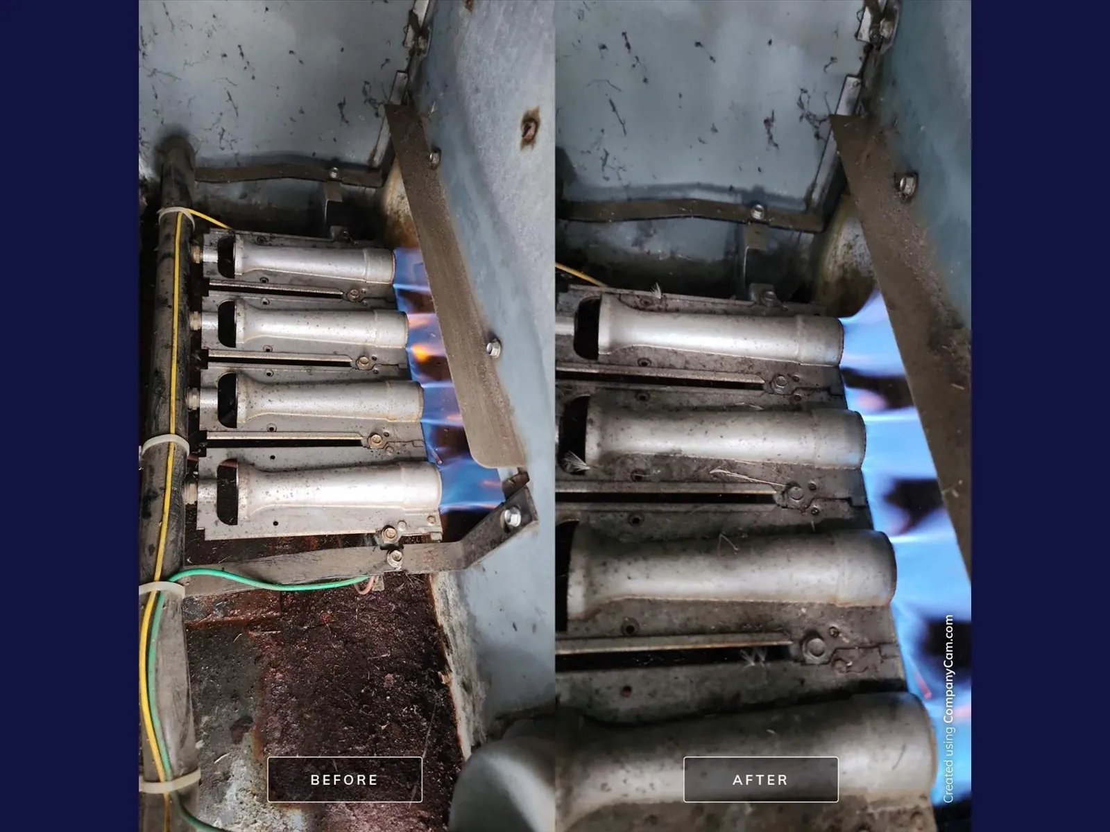 Before and after photos of dirty gas furnace burners cleaned