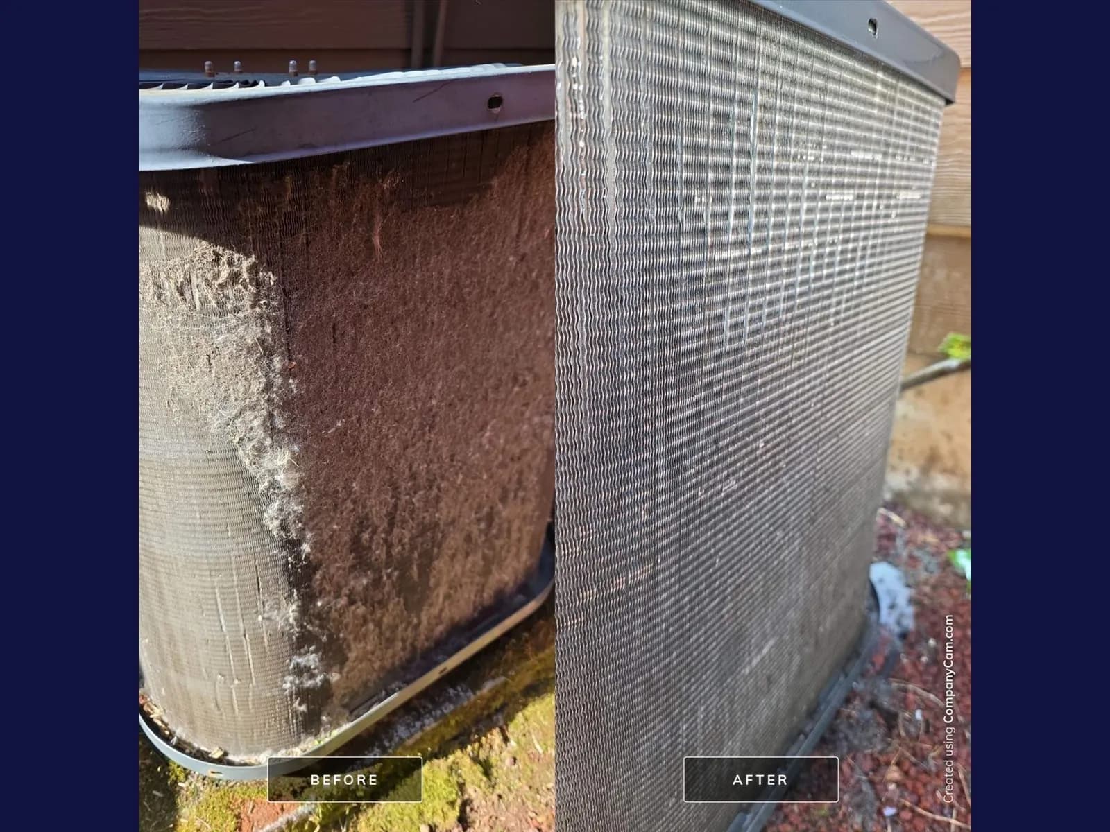 Before and after photos of a clogged AC condenser coil cleaned