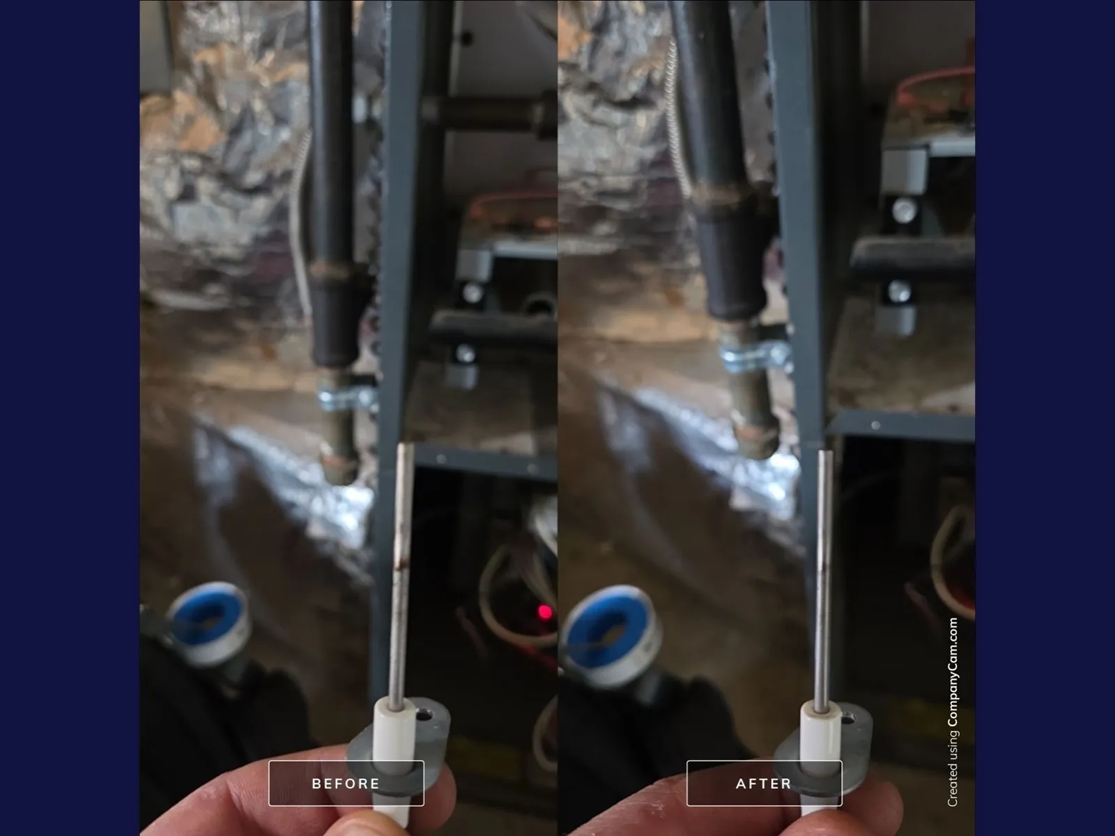 Before and after photos of a dirty furnace flame sensor cleaned
