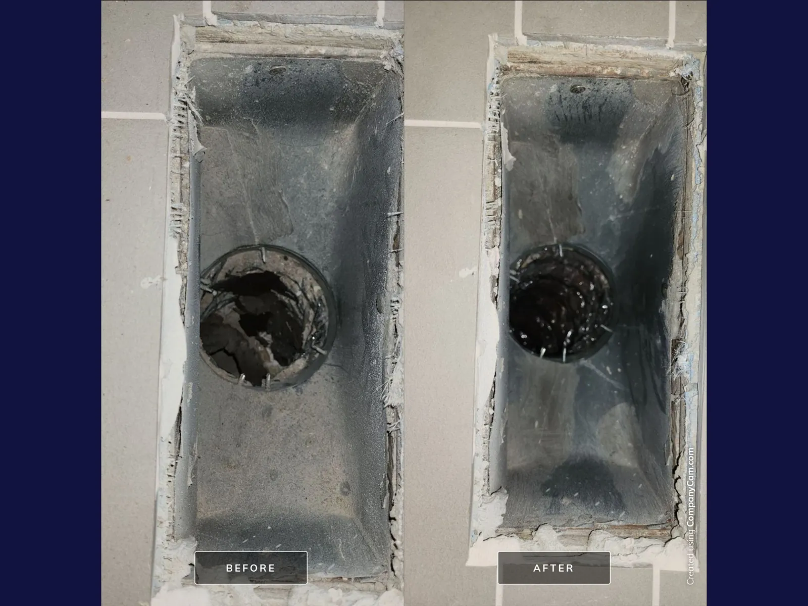 Before and after photos of a debris-filled floor register boot cleaned