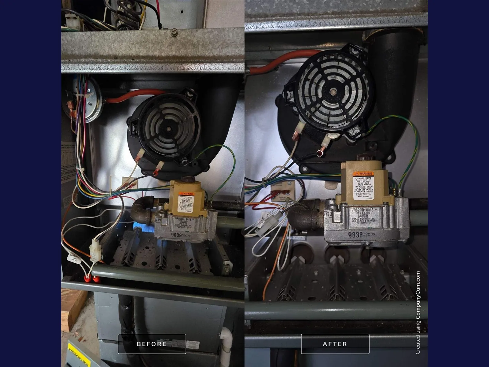 Before and after photos of a furnace inducer and gas valve area cleaned during a tune-up
