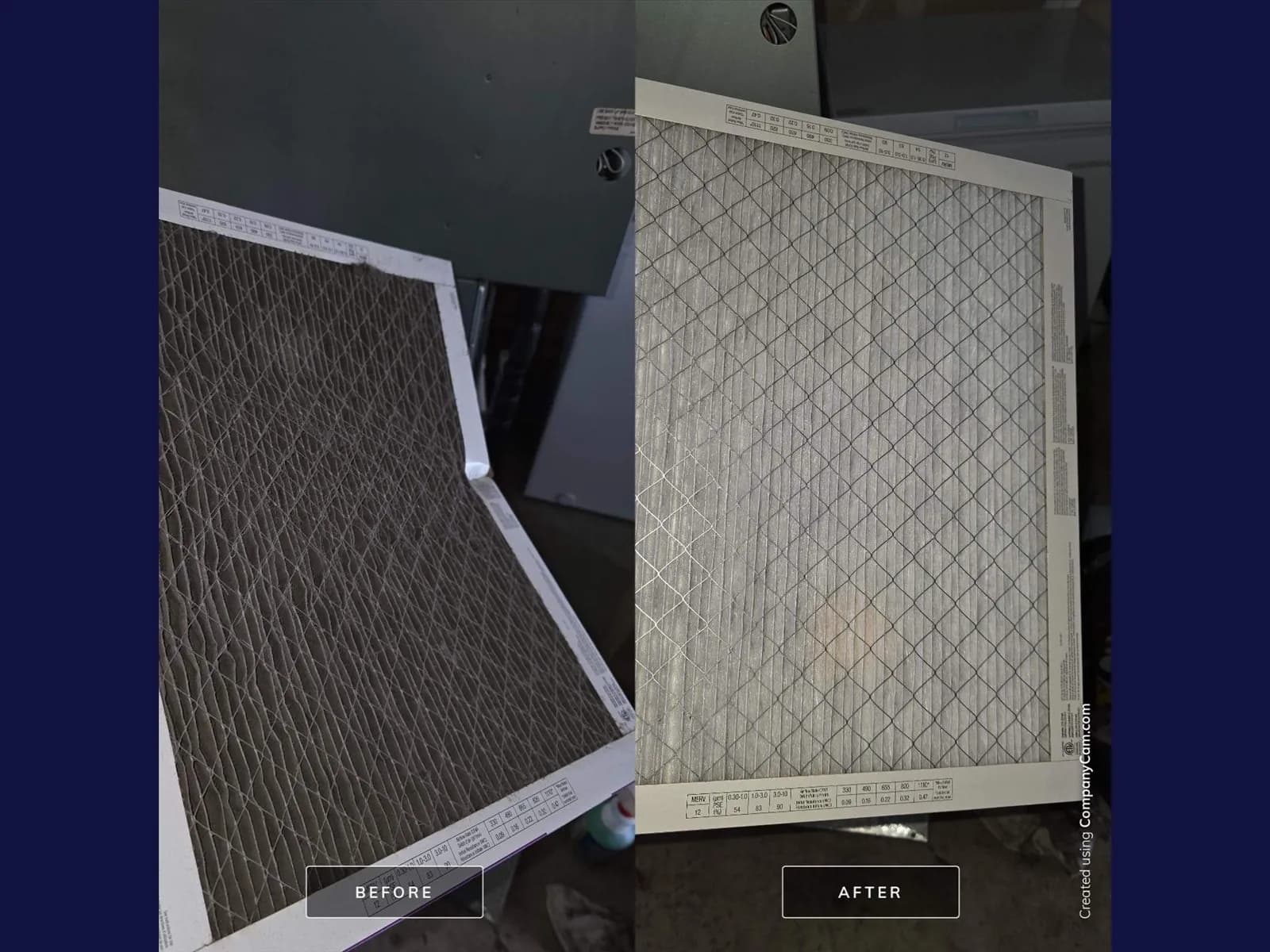 Before and after photos of a clogged furnace filter replaced with a clean one