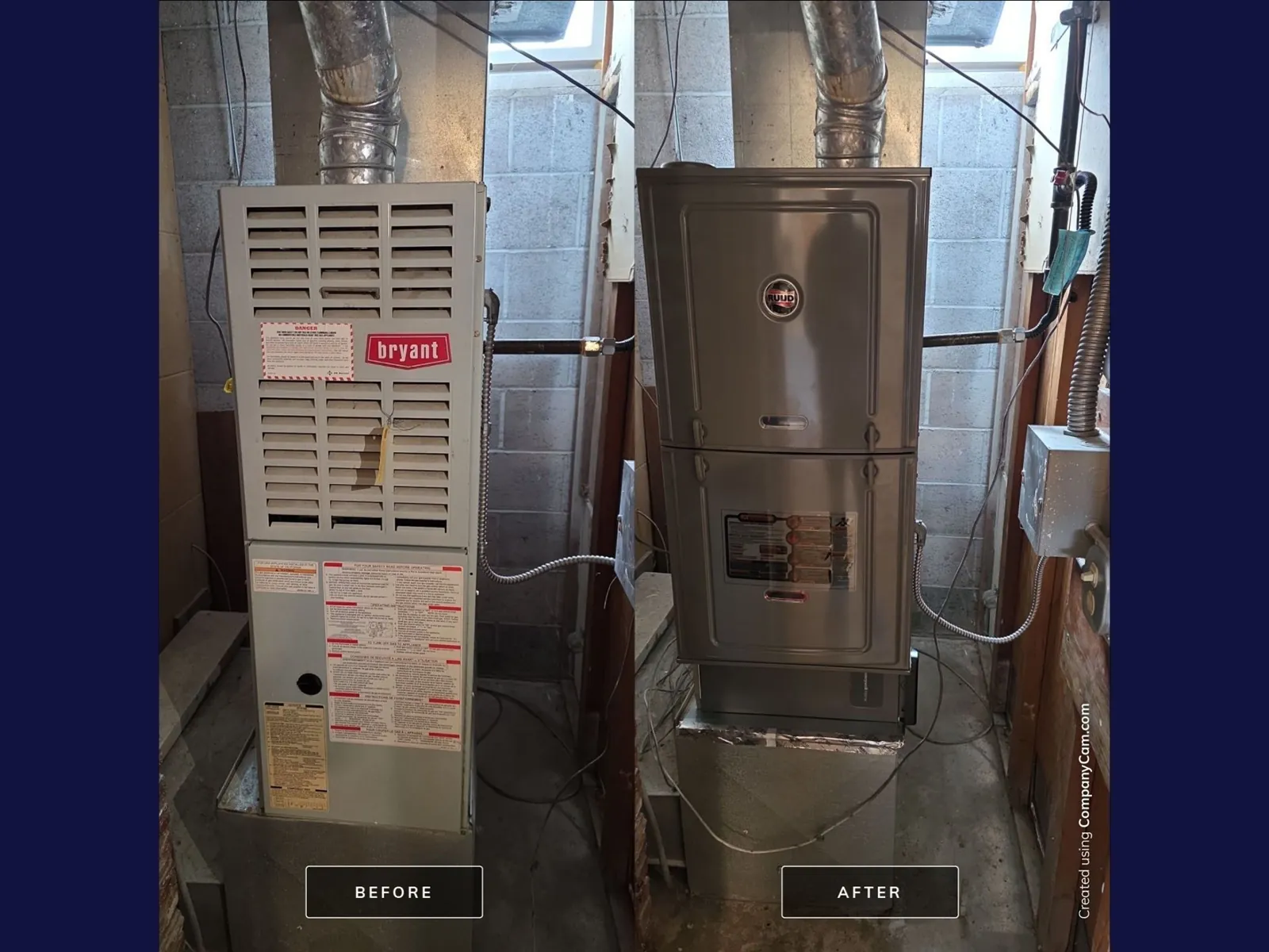 Before and after photos of an old Bryant furnace replaced with a new high-efficiency furnace