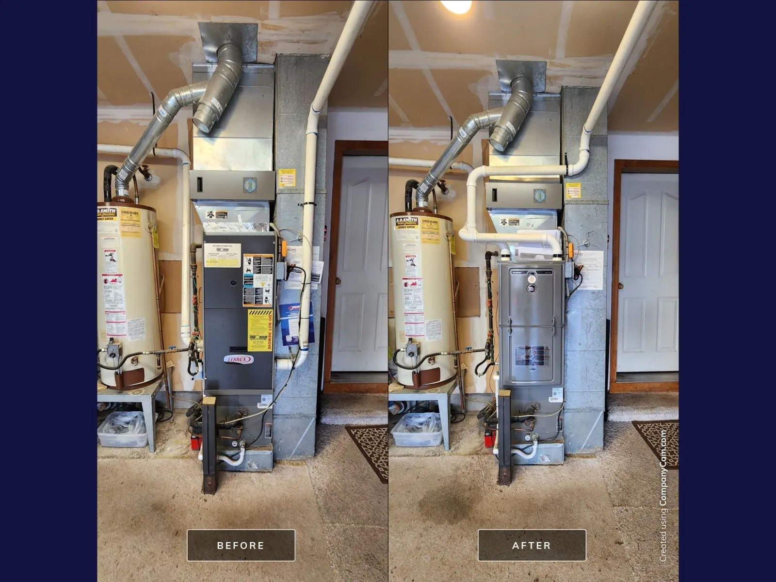 Before and after photos of an old garage furnace replaced with a new unit