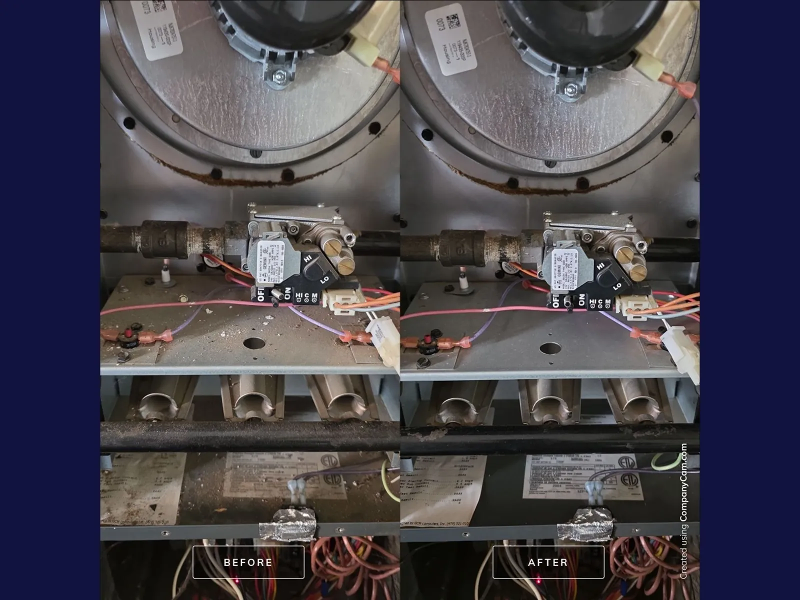 Before and after photos of a furnace burner compartment and gas valve area cleaned