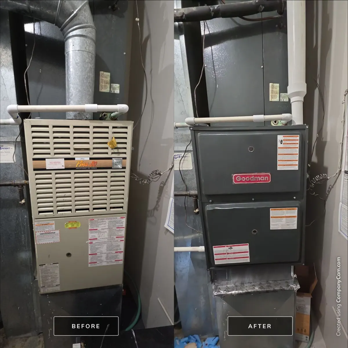 Before and after photos of an old beige furnace replaced with a new dark gray Goodman furnace in a closet