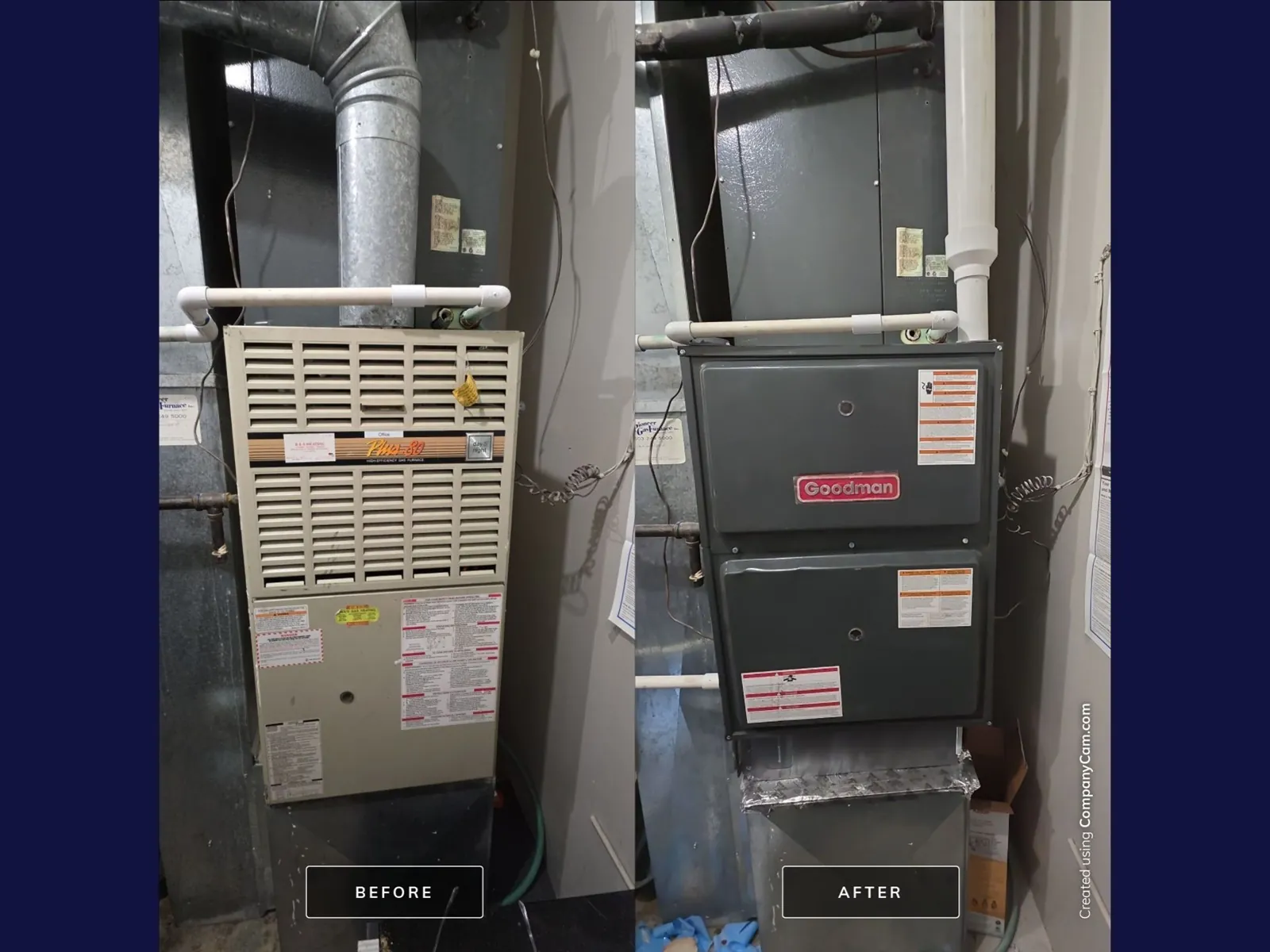 Before and after photos of an old furnace replaced with a new Goodman furnace