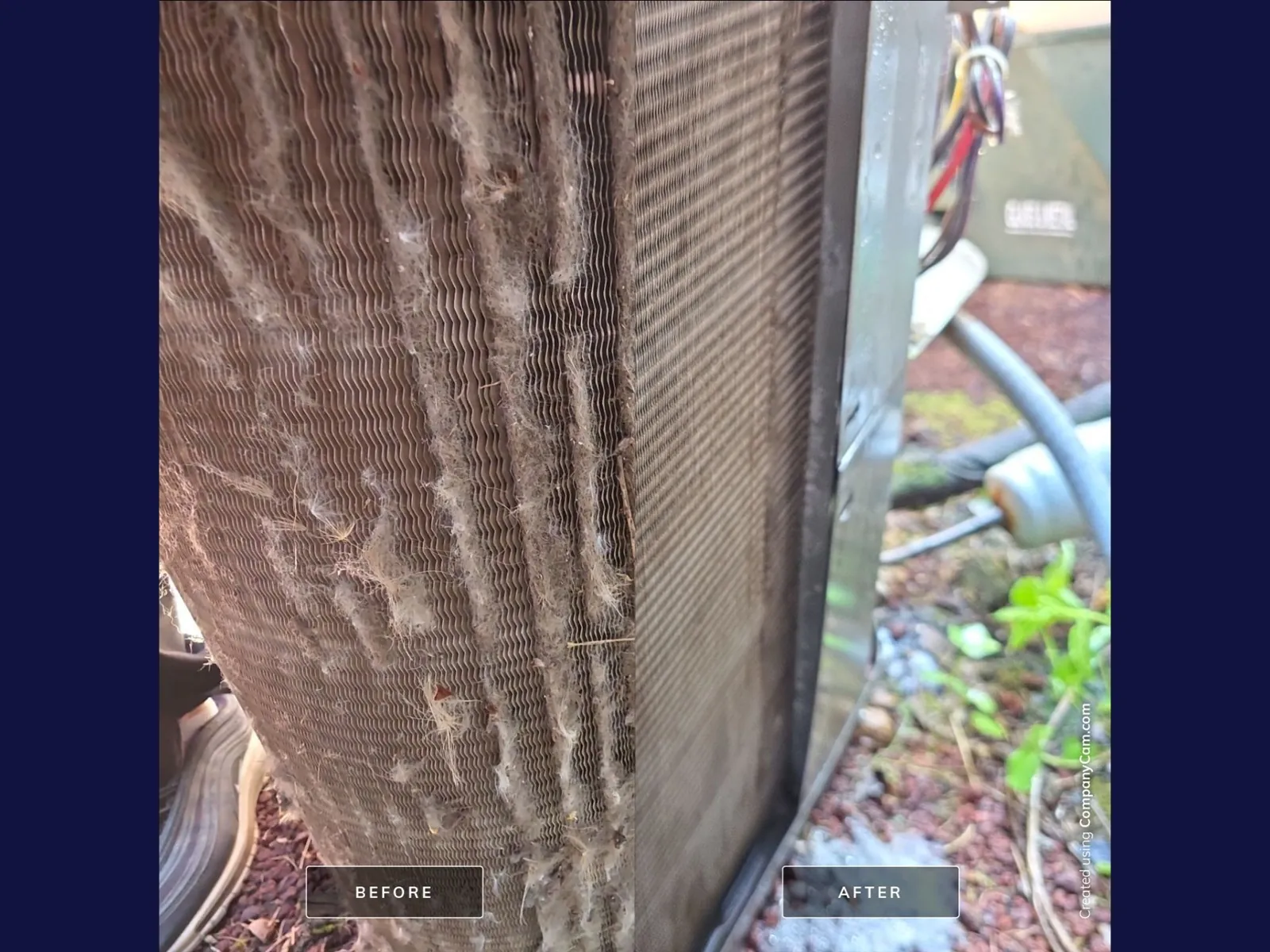 Before and after photos of a lint-covered heat pump outdoor coil cleaned