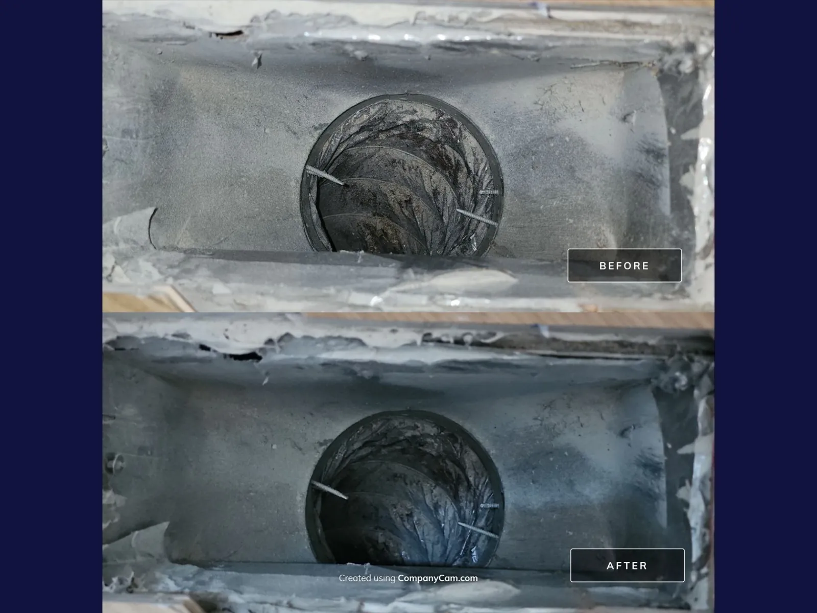 Before and after photos of a debris-filled heat register duct cleaned