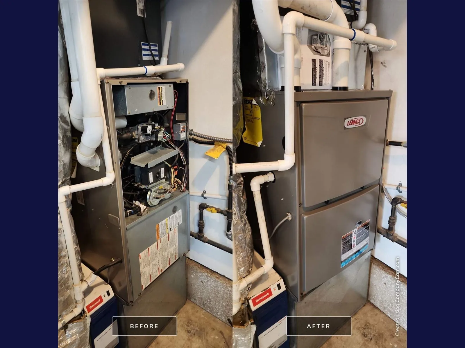 Before and after photos of an old furnace replaced with a new Lennox furnace
