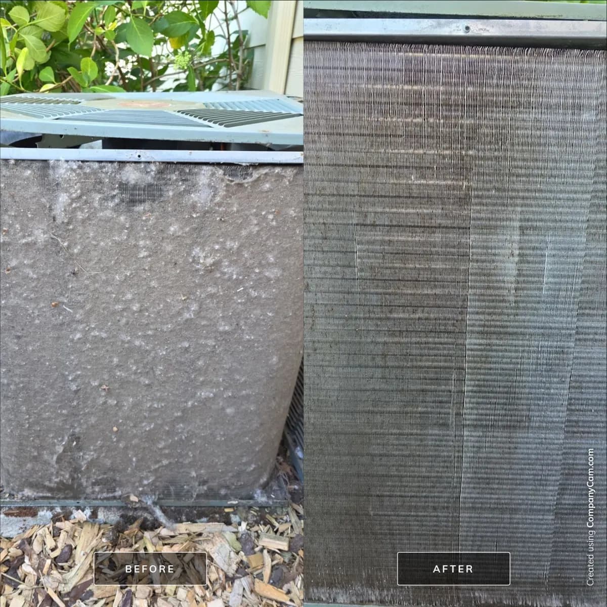 Before and after photos of a lint-blanketed condenser coil cleaned