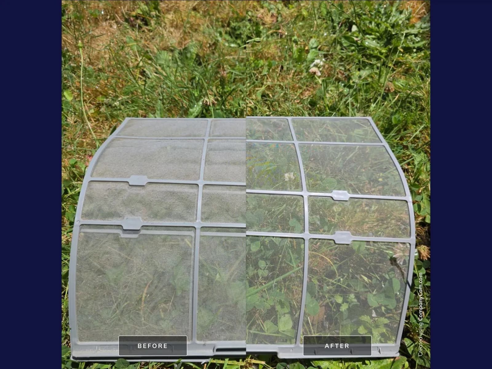 Before and after photos of a dusty mini split filter cleaned