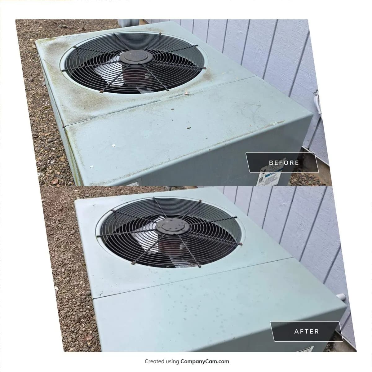 Before and after photos of a mildew-stained outdoor unit top cleaned