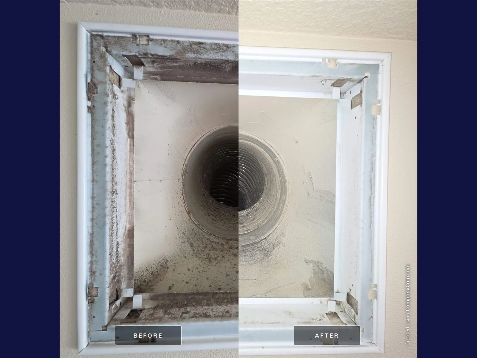 Before and after photos of a dusty ceiling supply vent and duct cleaned