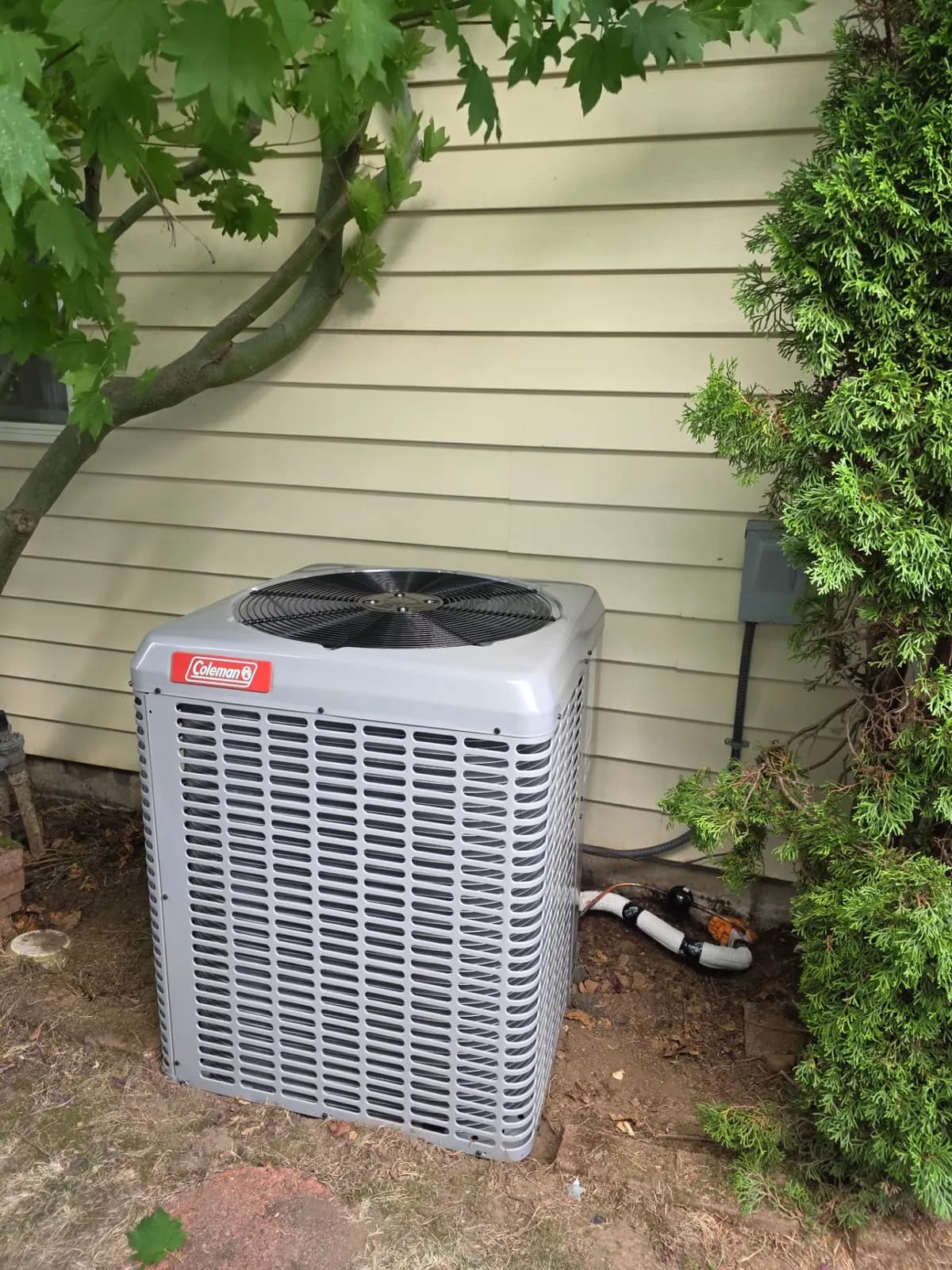 New Coleman air conditioner condenser beside light siding with trees and shrubs around it