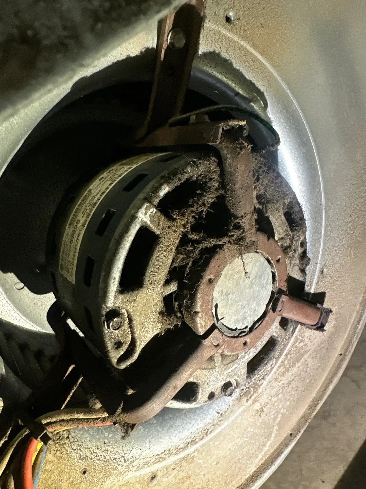 Furnace blower motor and mount clogged with thick dust inside the blower housing