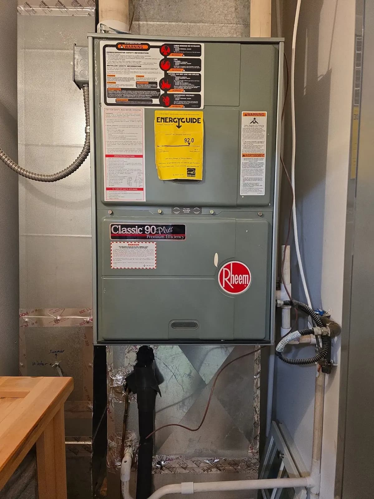 High-efficiency gas furnace with its EnergyGuide label in a utility closet