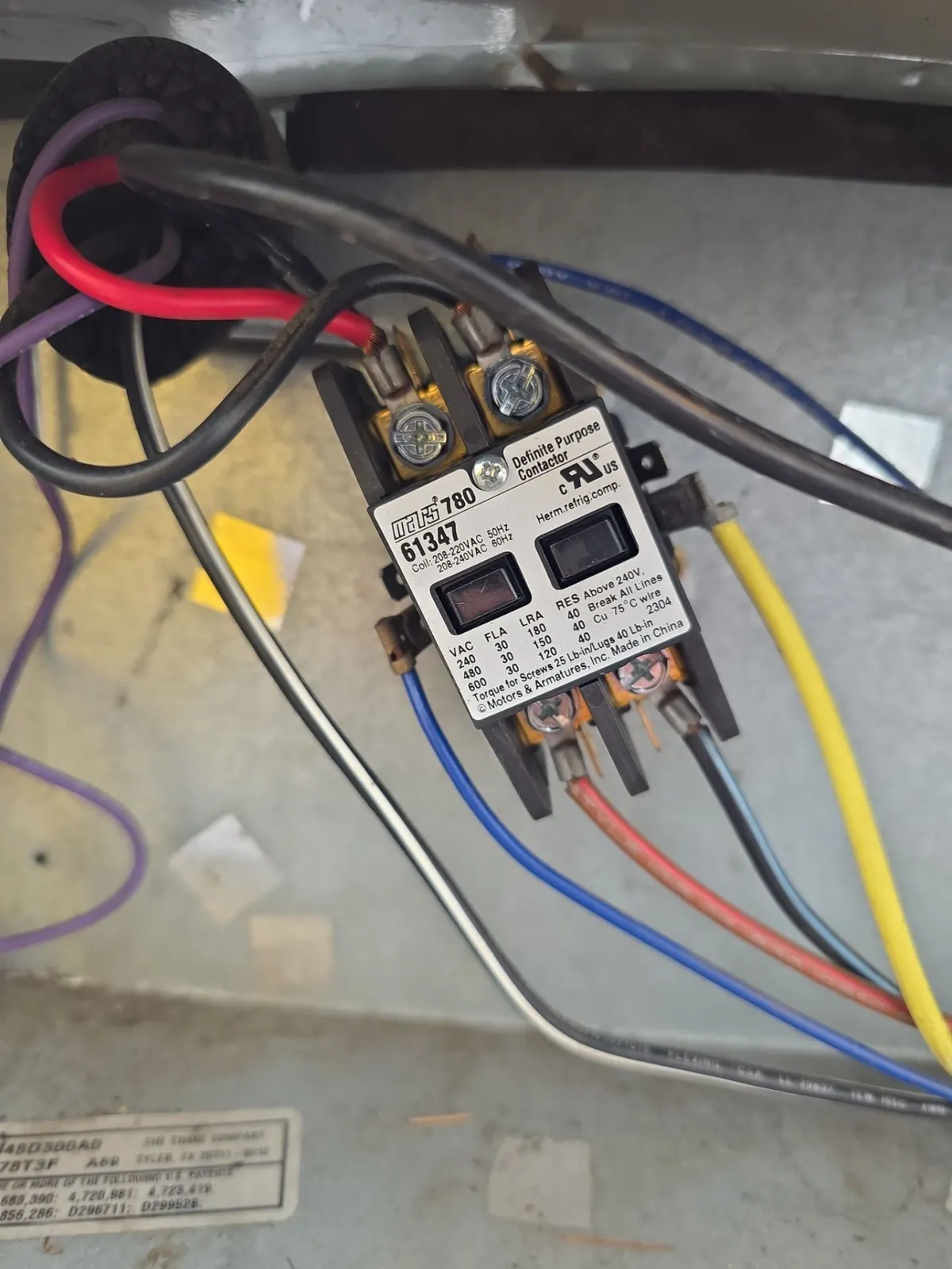 New two-pole contactor wired into an AC condenser control box