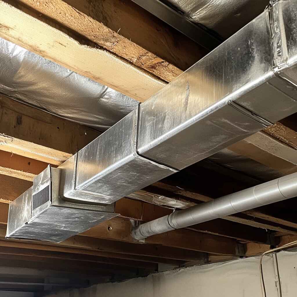 Basement ductwork repair showing newly sealed and reconnected rectangular metal air ducts beneath exposed wooden ceiling joists.