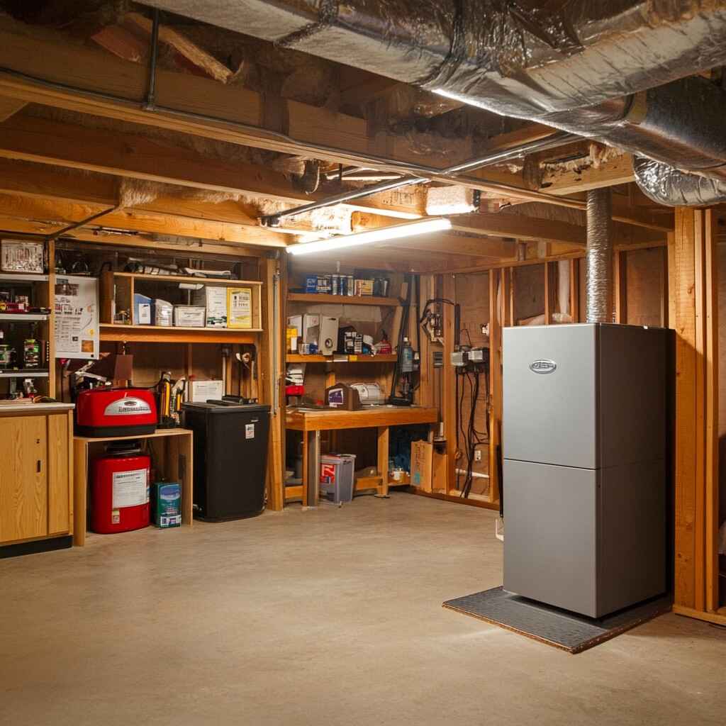 Basement workshop with newly completed gas furnace replacement, featuring updated ductwork and a modern unit installed on a concrete floor.