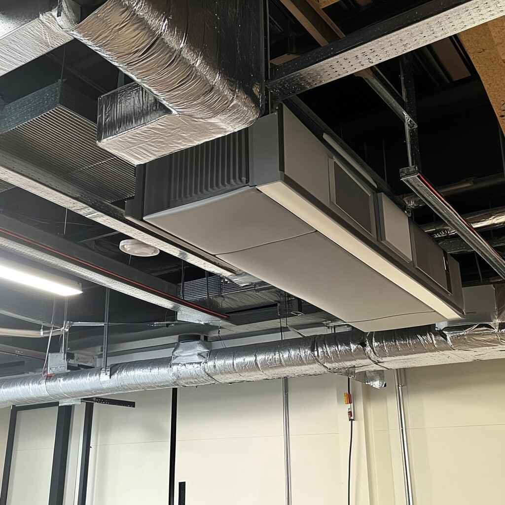 Commercial fresh air system installation with exposed ductwork and ventilation unit in a modern building ceiling.