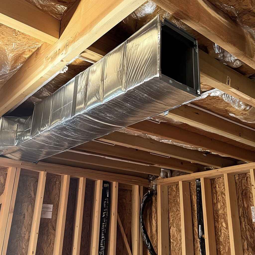 New ductwork replacement installed in an unfinished residential ceiling with insulated framing and exposed wooden beams.