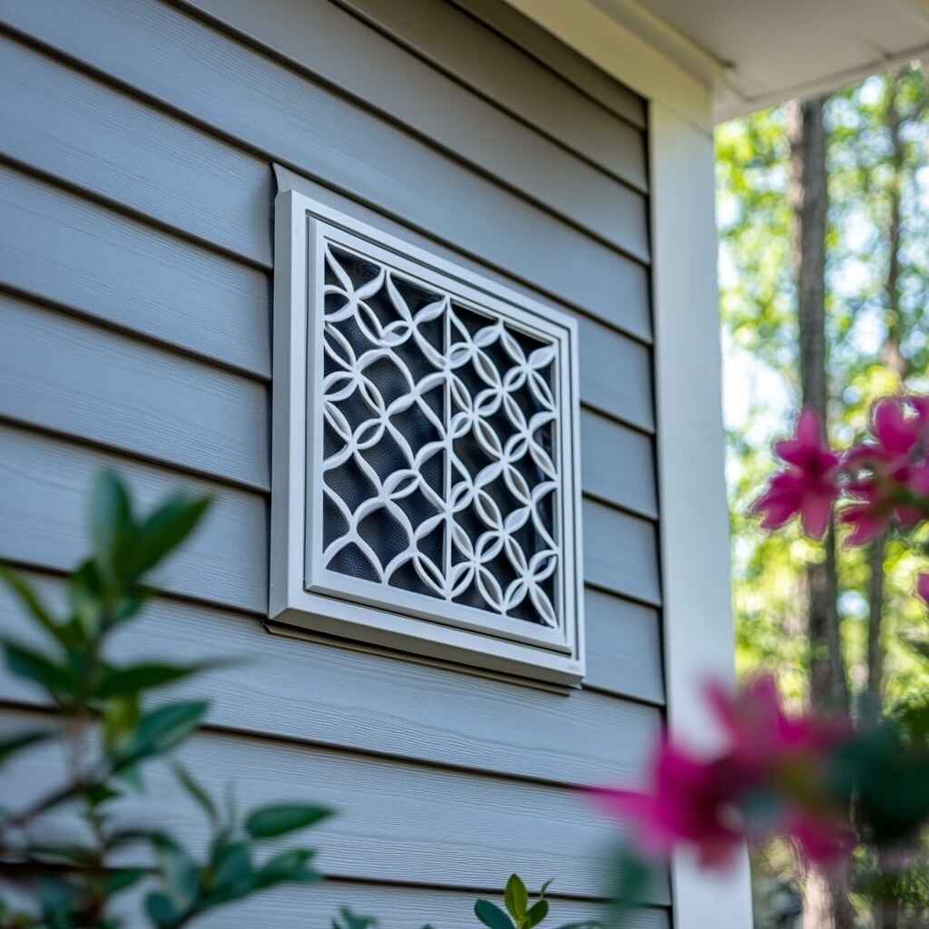 Exterior dryer vent cover on a residential home, often inspected when the dryer vent is not blowing properly due to blockage or lint buildup.