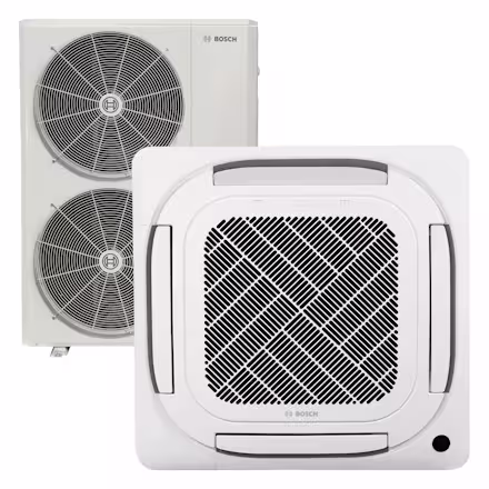 Bosch mini-split installation system featuring a dual fan outdoor condenser unit and a ceiling-mounted indoor air handler.