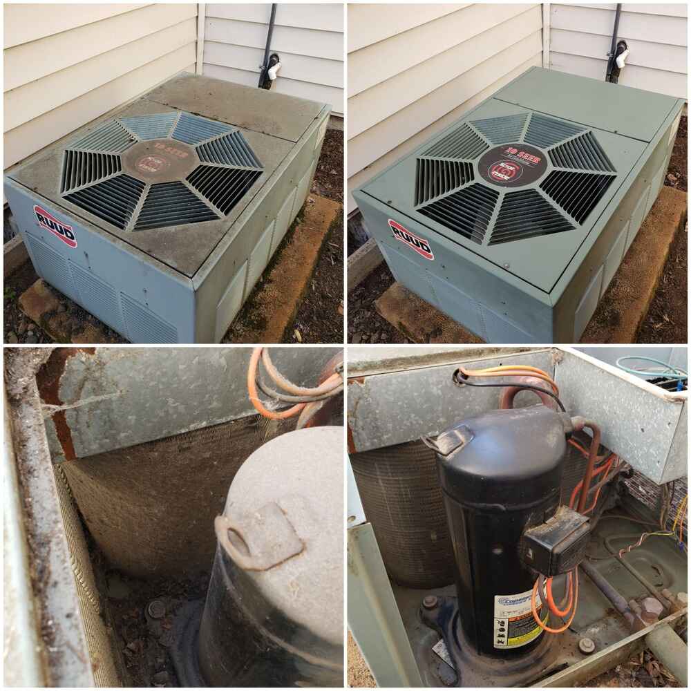 Residential air conditioner repair showing internal components of an HVAC unit with exposed wiring and circuit board during maintenance.