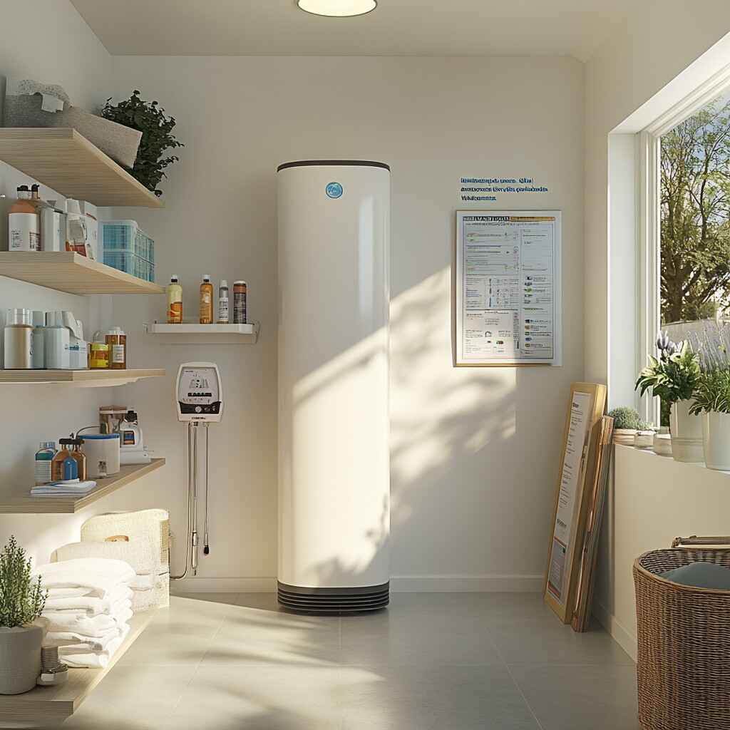 Bright utility room featuring a modern heat pump water heater—an energy-saving solution eligible for the Heat Pump Water Heater Rebate Program.