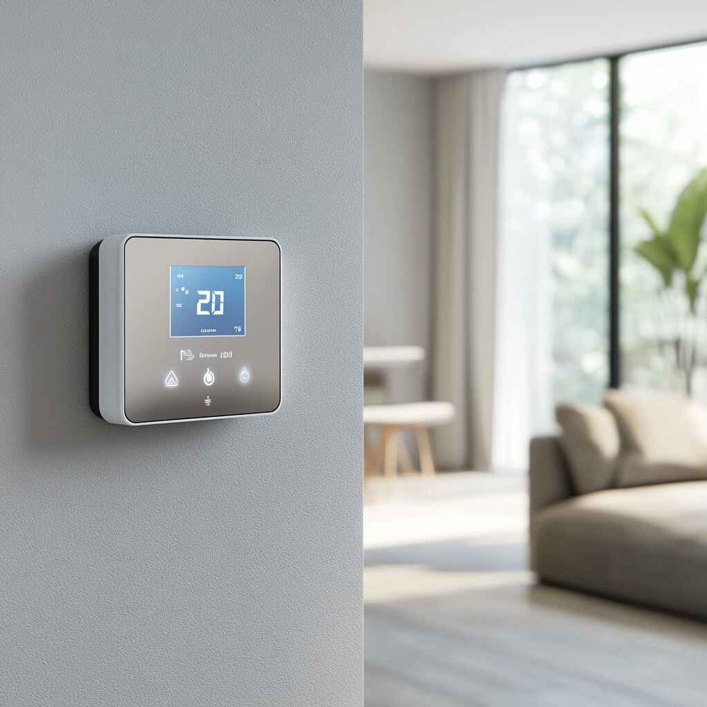 Modern smart thermostat mounted on a wall in a bright living space—highlighting home energy efficiency improvements supported by the Smart Thermostat Rebate Program.