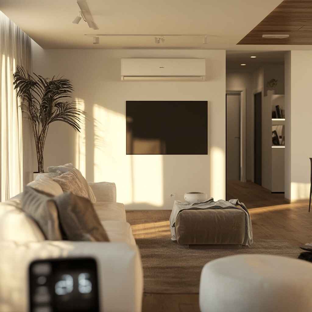 Stylish living room with a wall-mounted ductless heat pump system—perfect example of energy-efficient upgrades eligible for the Ductless Heat Pump Rebate Program.
