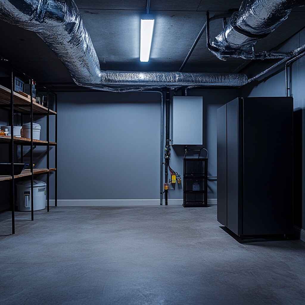 Modern basement utility room featuring a newly installed heat pump system—ideal for homeowners exploring energy savings through the Heat Pump Rebate Program.